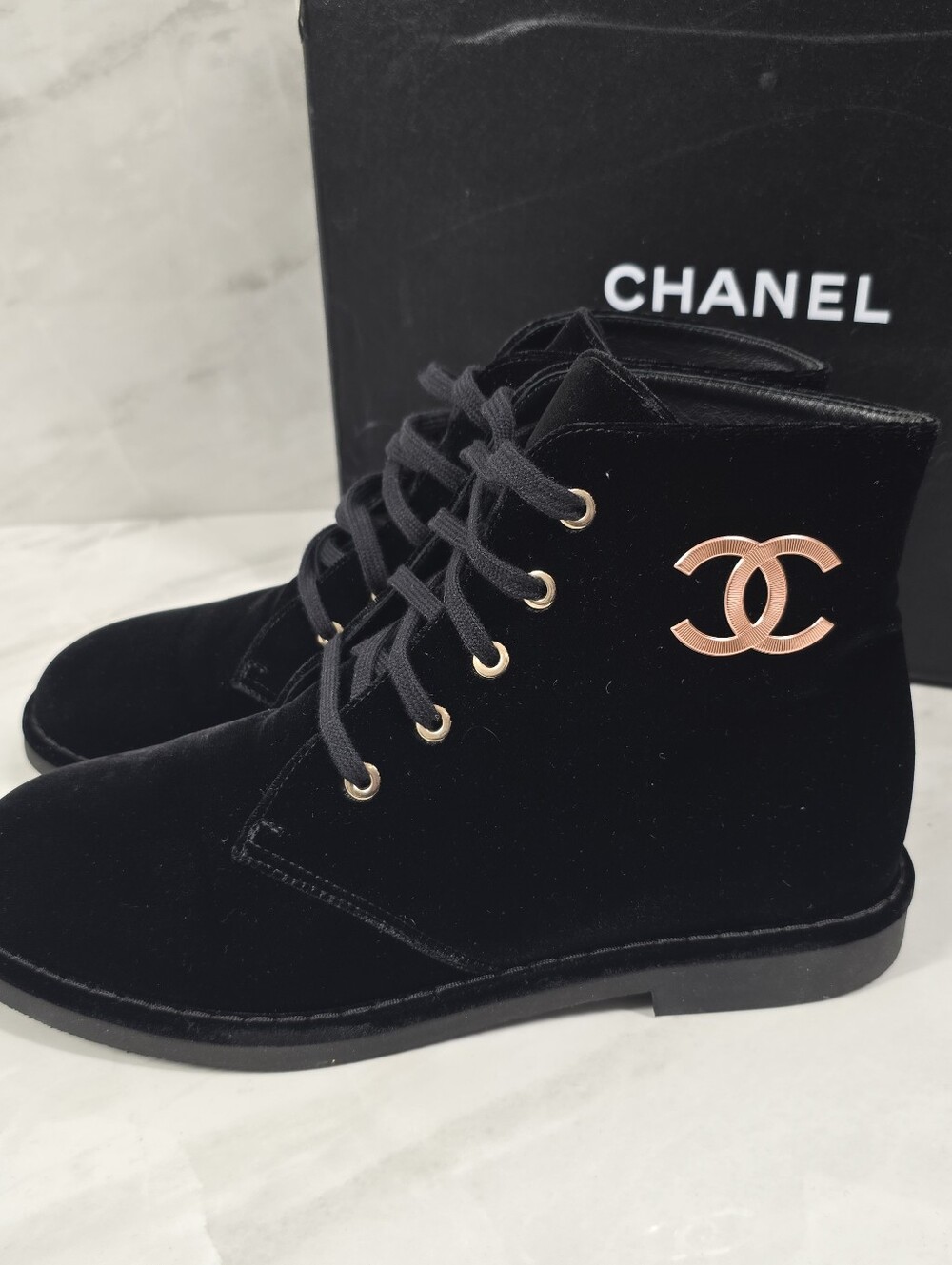 CHANEL Black Velvet Lace-Up Ankle Boots with Logo - Picture 3 of 12